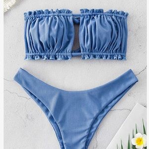 ZAFUL Women's Strapless Ribbed Tie Back Ruffle Cutout Bandeau Bikini Set